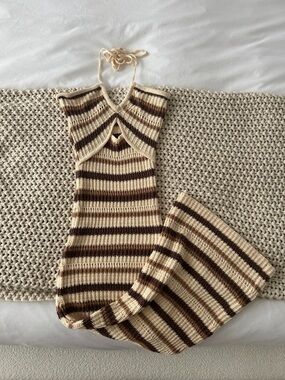 Backless Knit Stripe Halter Dress in Cream & Brown